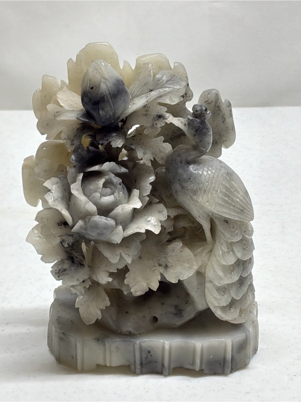 Hand-Carved Marble Peacock & Floral Sculpture in White Gray